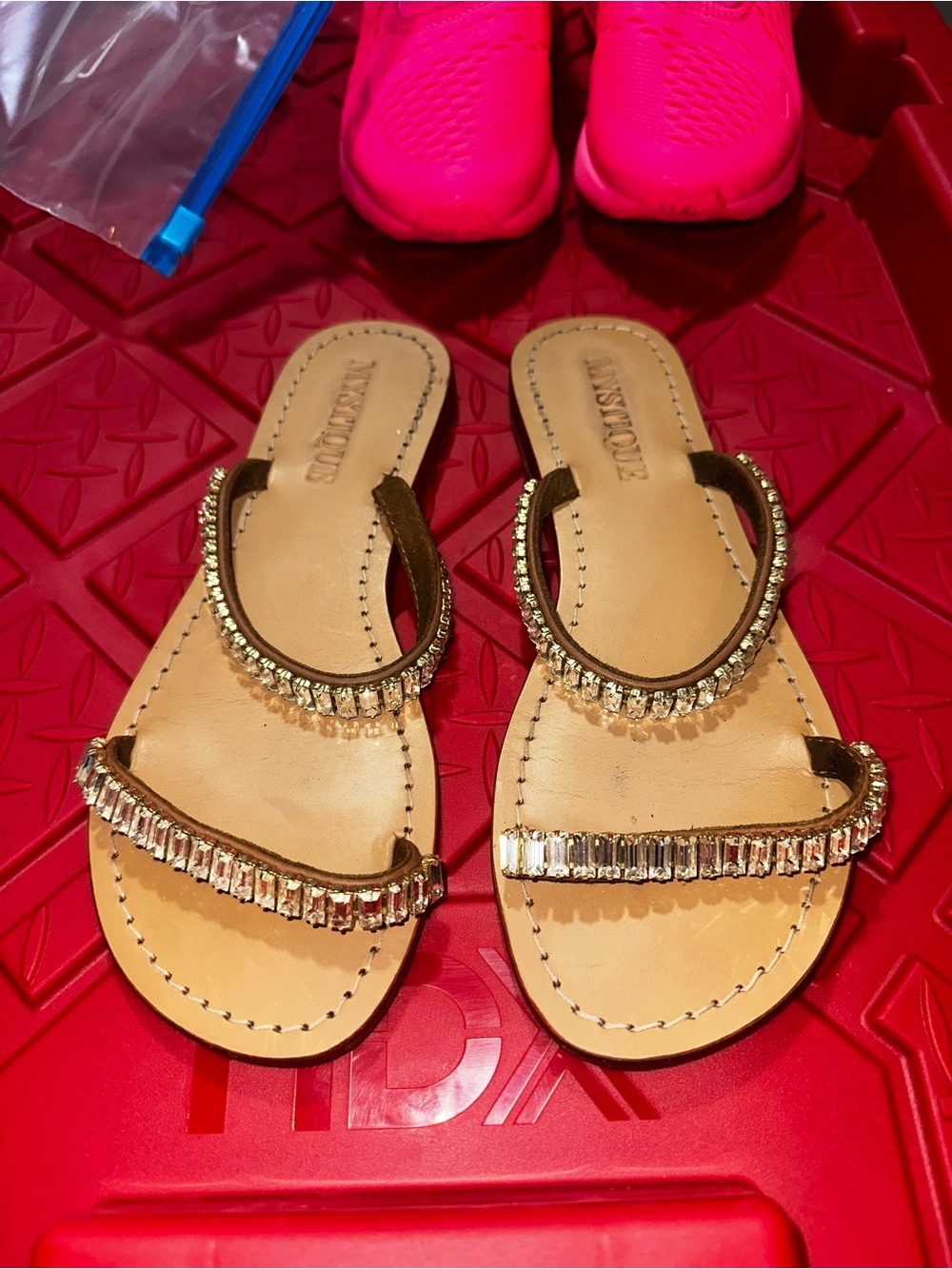 MYSTIQUE Tan Leather Slide Sandals with Gold Crystal Accents